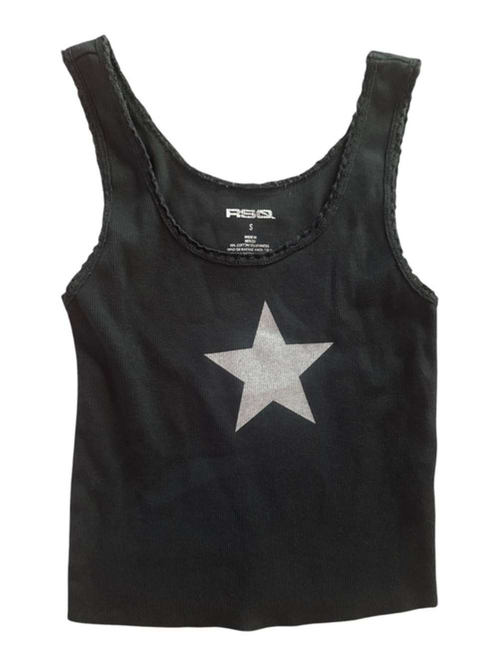 RSQ Black Ribbed Tank with White Star Graphic Girls Size Small 95% Cotton Shirt